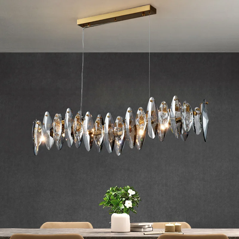 Modern Wave Design Crystal Chandelier For Dining Room Luxury Smoky Gray Crystal Lamp Brief Kitchen Island Hanging Light Fixture