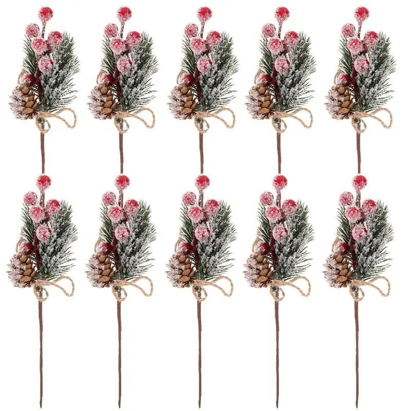 10pcs Small Artificial Pine Picks Stimulation Berry Pine Needles Red Berry Flower Ornaments for Christmas Wreaths Decorations