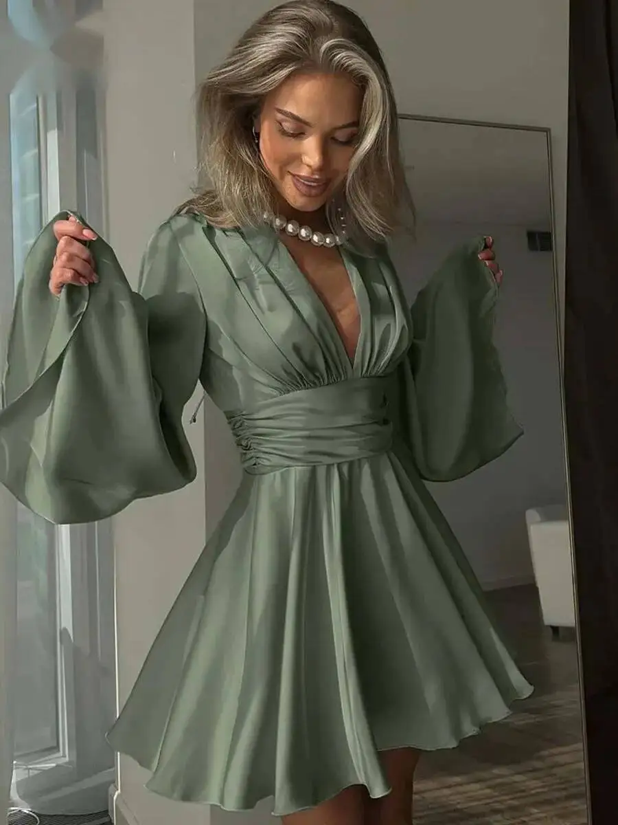ファッショングリーンサテン女性のドレスエレガントなディープ V ネック長袖ドレス秋ハイウエストプリーツミニドレス女性 MO8M