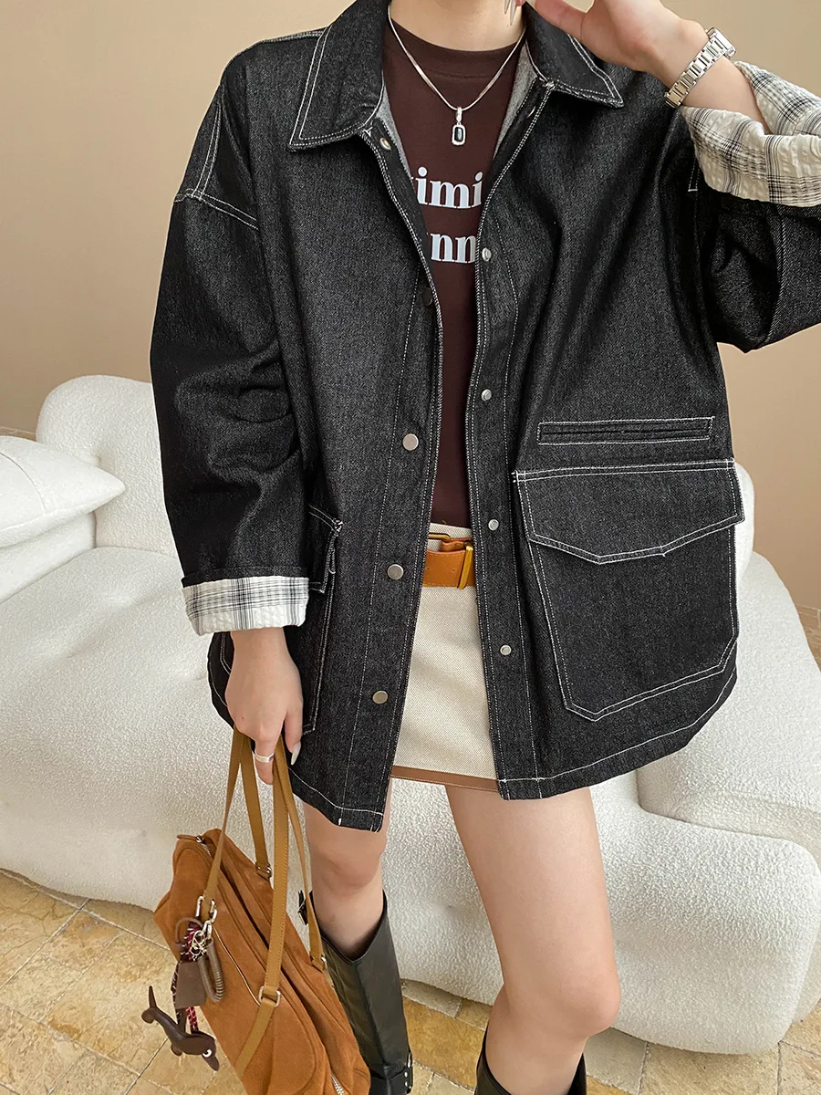 

Женская повседневная однотонная контрастная яркая линия с большими карманами, лацканами, свободная джинсовая куртка