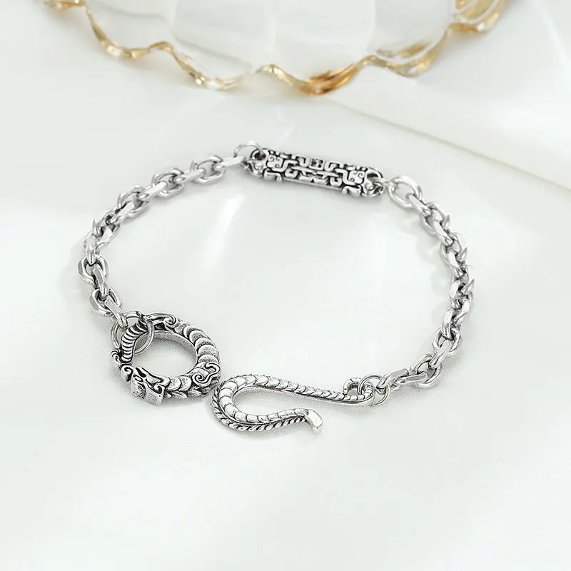 Retro Classic silver 925 stile cinese Dragon glutton texture charm bracciale uomo trend coppia braccialetti gioielli per banchetti