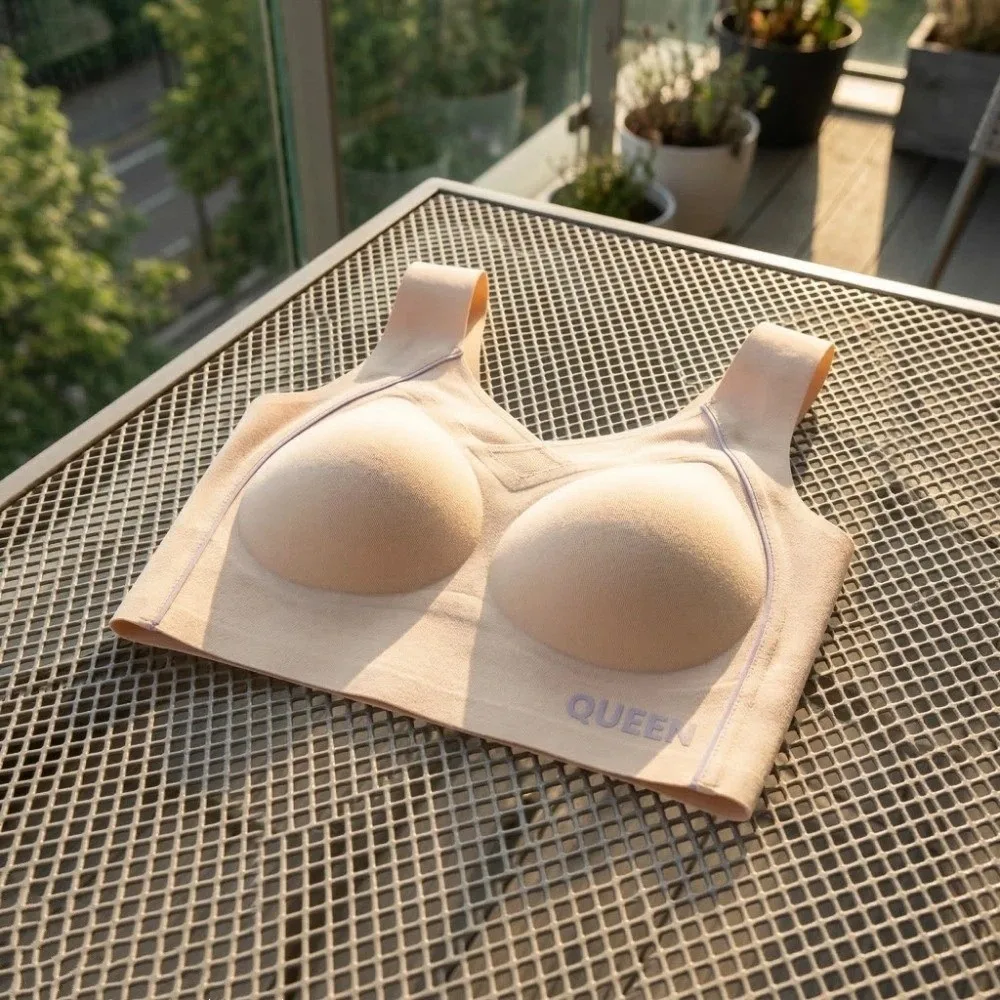 

Traceless Wireless V Bra Mesh V Neck Gathered Breasts Brassiere for Women Lingerie Shockproof Push Up Underwear Running