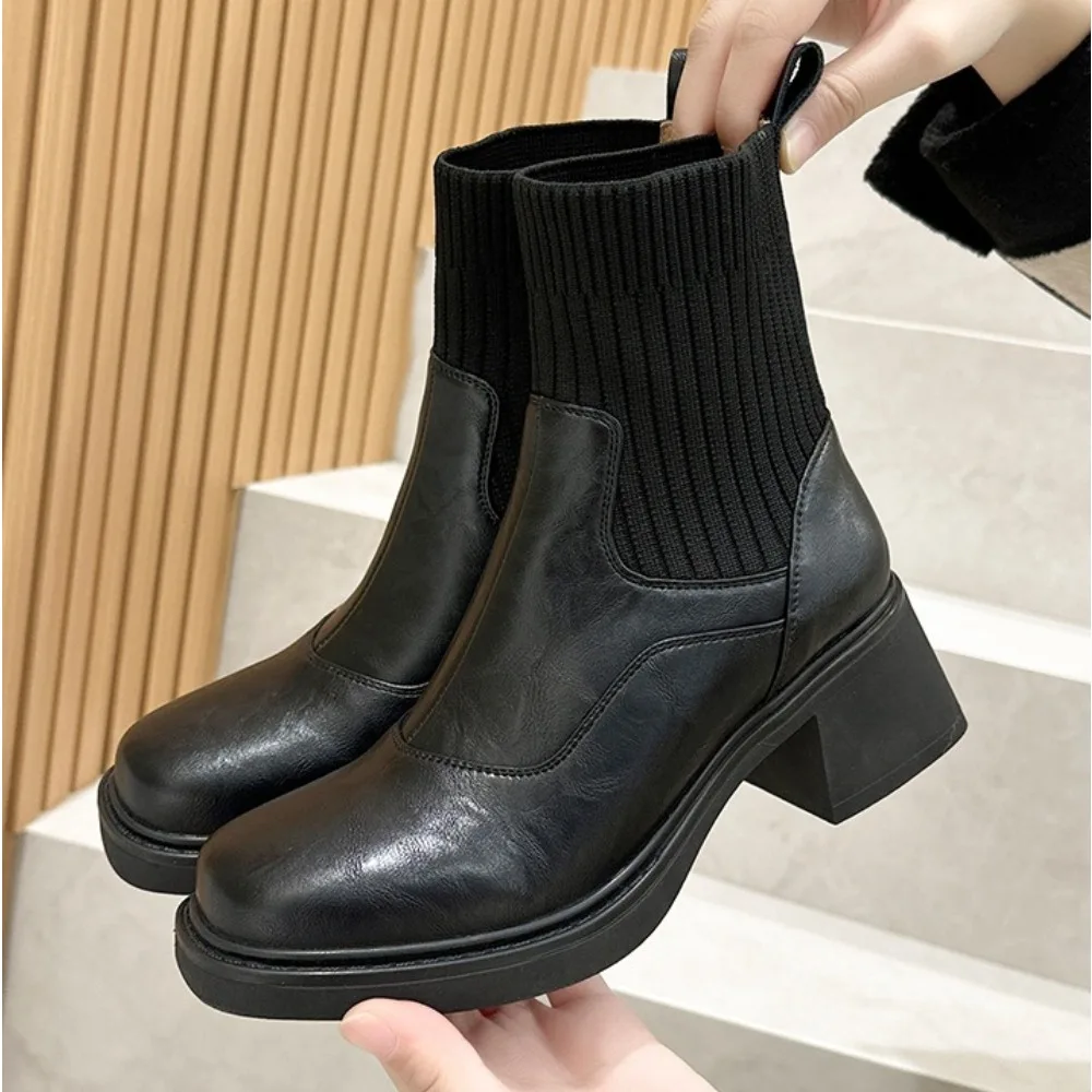 

High-heeled Women's Boots Autumn Winter New Leather Fashion Booties Booties Women's Thick-soled Thin Elastic Women's Shoes