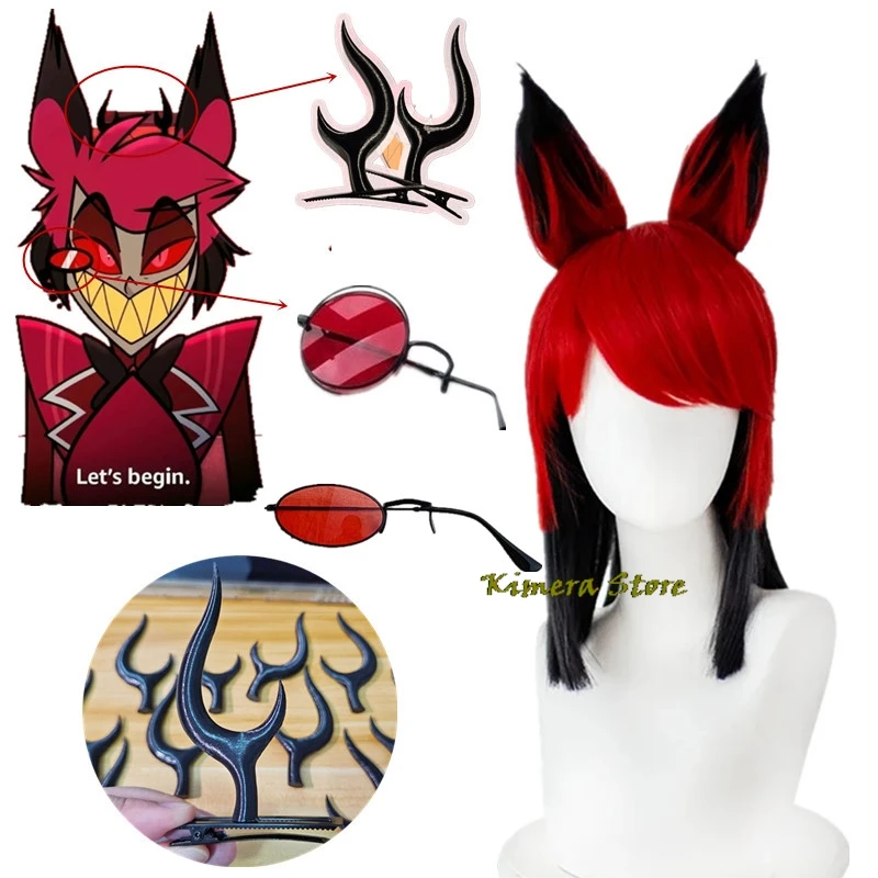 Hotel Alastor Cosplay Perucas, Hazbin, óculos de cabelo, trajes de Halloween, acessórios de Carnaval, Natal, Novo