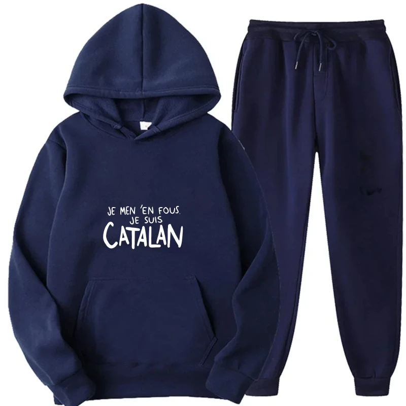 Hoodie Set Navy Blue Je M'en Fous I'm Speaking Catalan Printed Sweatshirt & Joggers Casual Wear for Men Women