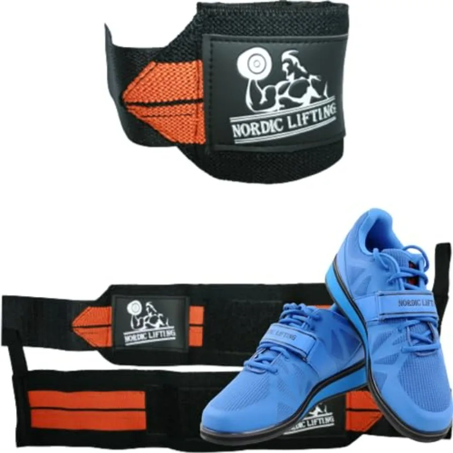 حزمة معصم 1p برتقالية مع أحذية مقاس Megin 10.5 أزرق للتدريب في صالة الألعاب الرياضية ورفع الأثقال ودعم قبضة معززة ومفاصل