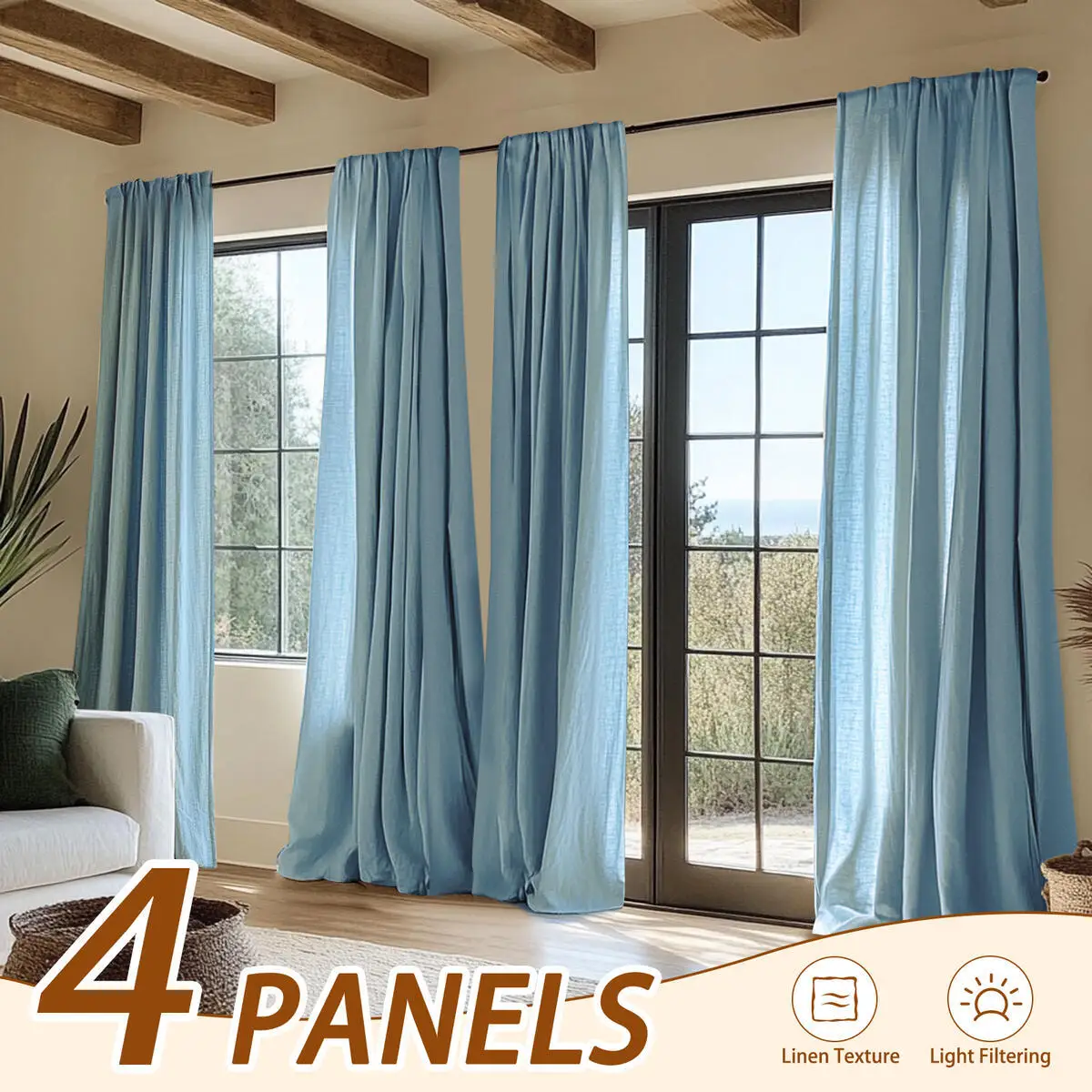 JINCHAN 4pcs Set Curtains For Living Room Bedroom Rod Pocket Linen Blend Curtain Light Filtering  Farmhouse Window Drapes