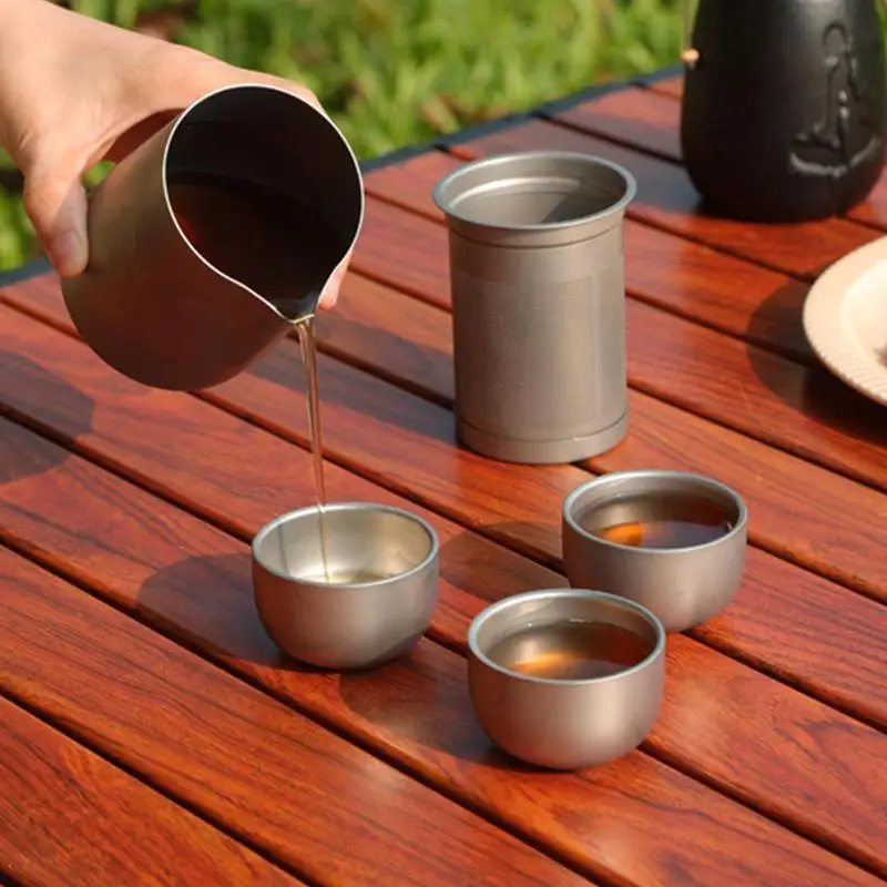 Titanium alloy Kung Fu Tea Set portable travel tea set tea pot double-layer tea cup suitable for hiking camping tea cup set