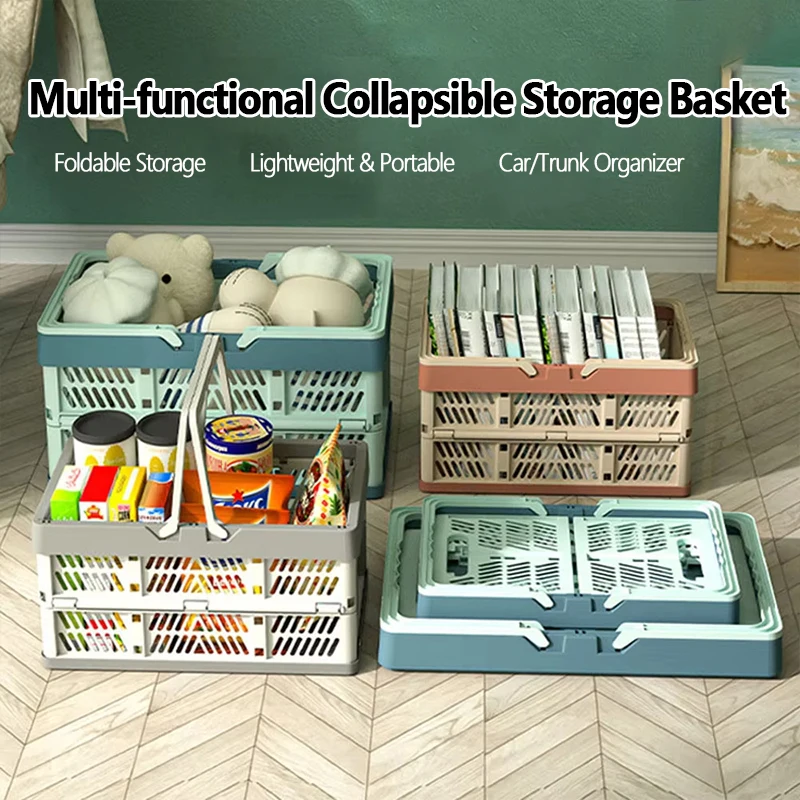 Foldable Storage Basket with Handle Portable Picnic Crate Stackable Plastic Organizer Box for Toys Jewelry Cosmetic Drawer