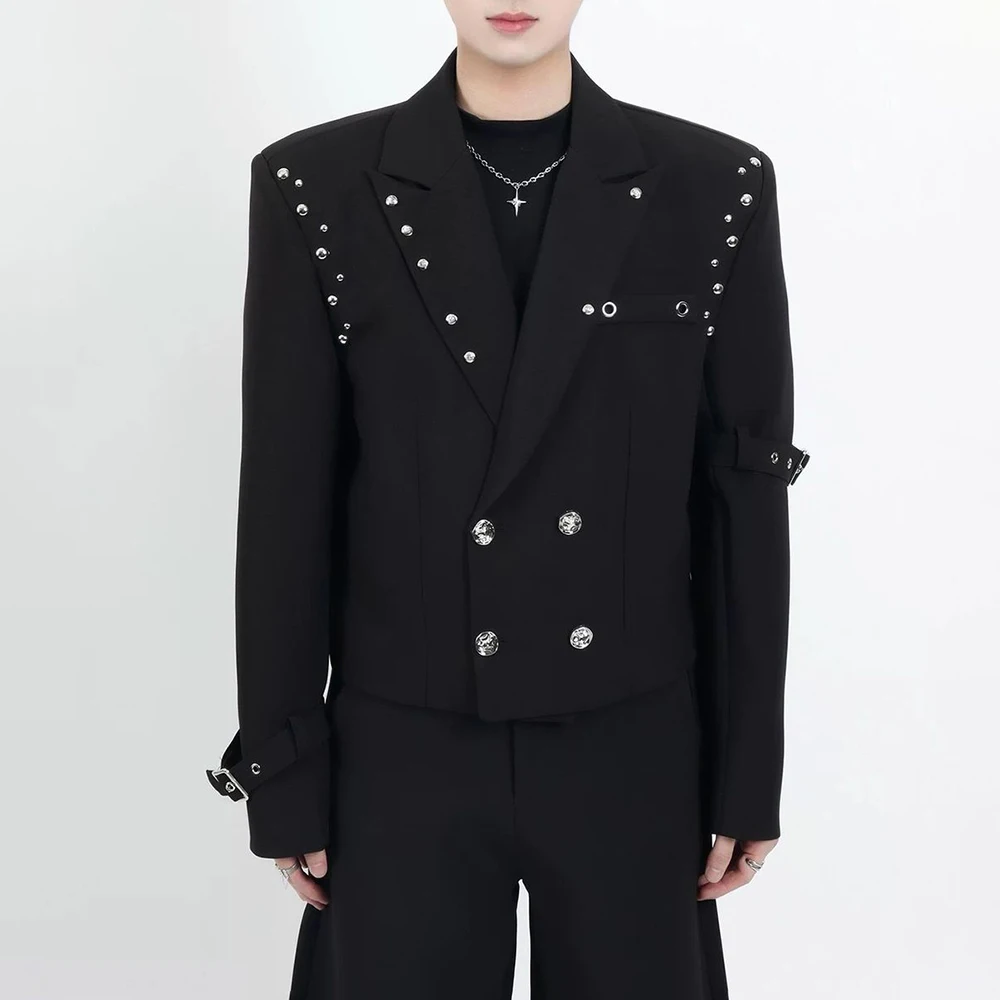 Mens Rivet Eyelet Strap Buckle Padded Shoulder Blazer Streetwear Fashion Nightclub Stage Youth Niche Dark Punk Long Sleeve Top