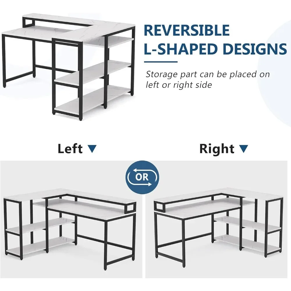 55 Inch Reversible L Shaped Computer Desk with Storage Shelf, Modern White Corner Desk with Shelves and Monitor Stand