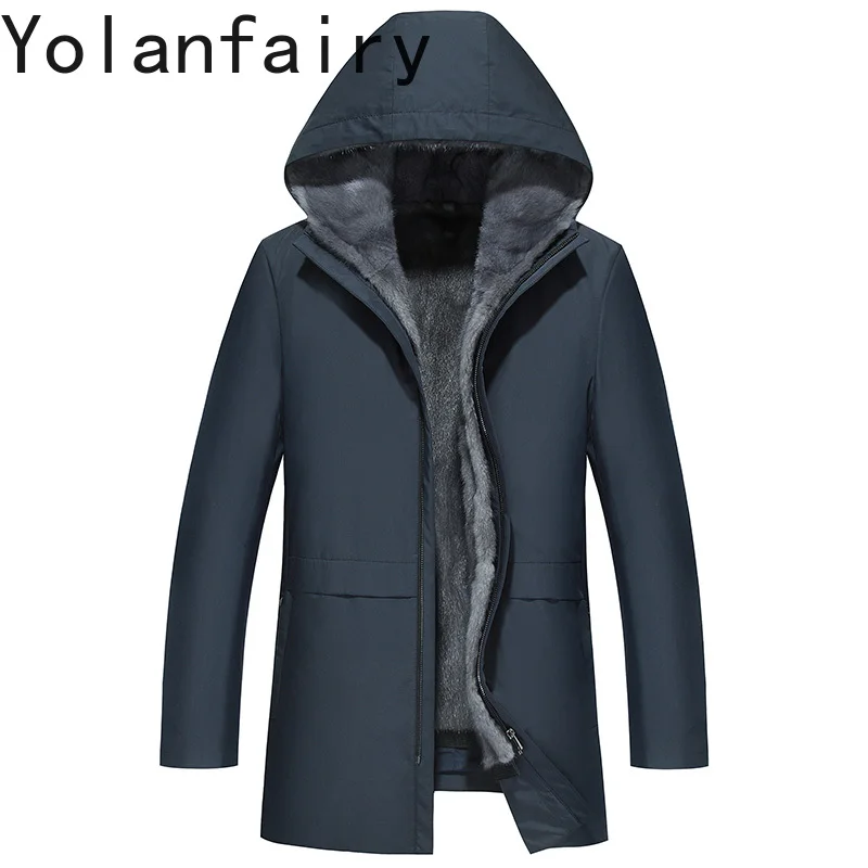 

YOLANFAIRY High-end Natural Fur Coat Parkas Men's Clothes Hooded Winter Luxury Whole Mink Fur Liner Jacket Mid-length Warm Coats