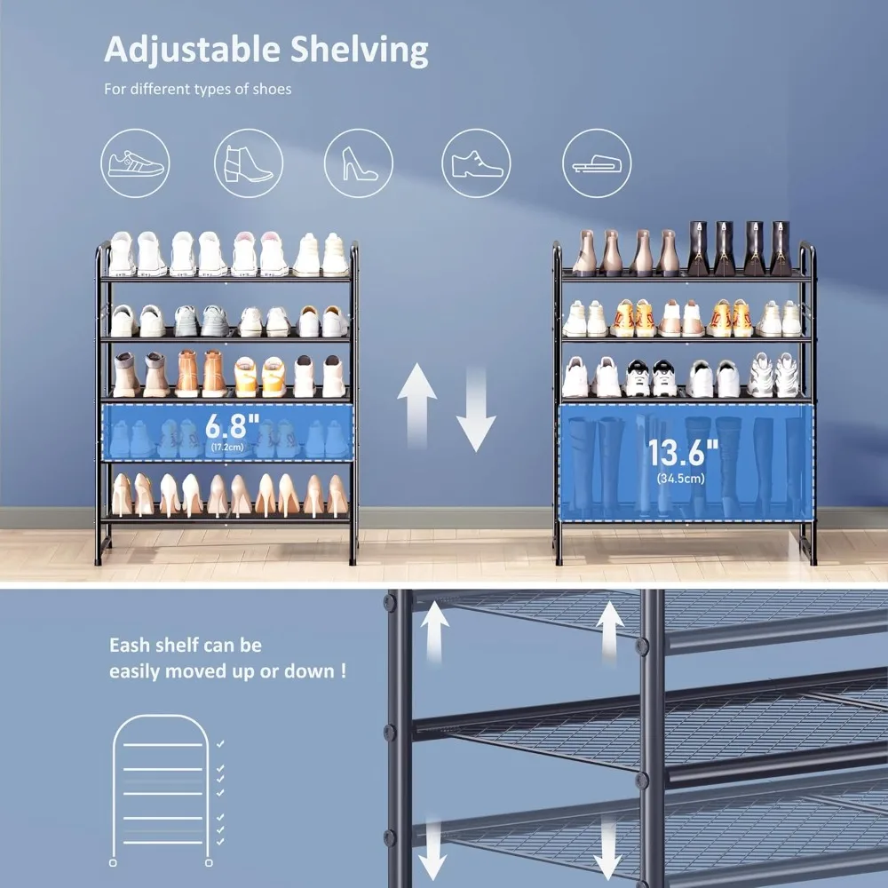 رف أحذية مكون من 5 طبقات، مساحة تخزين واسعة مقاس 33 بوصة لـ 24-30 زوجًا، منظم شبكي فولاذي لخزانة المدخل، أسود صناعي #6