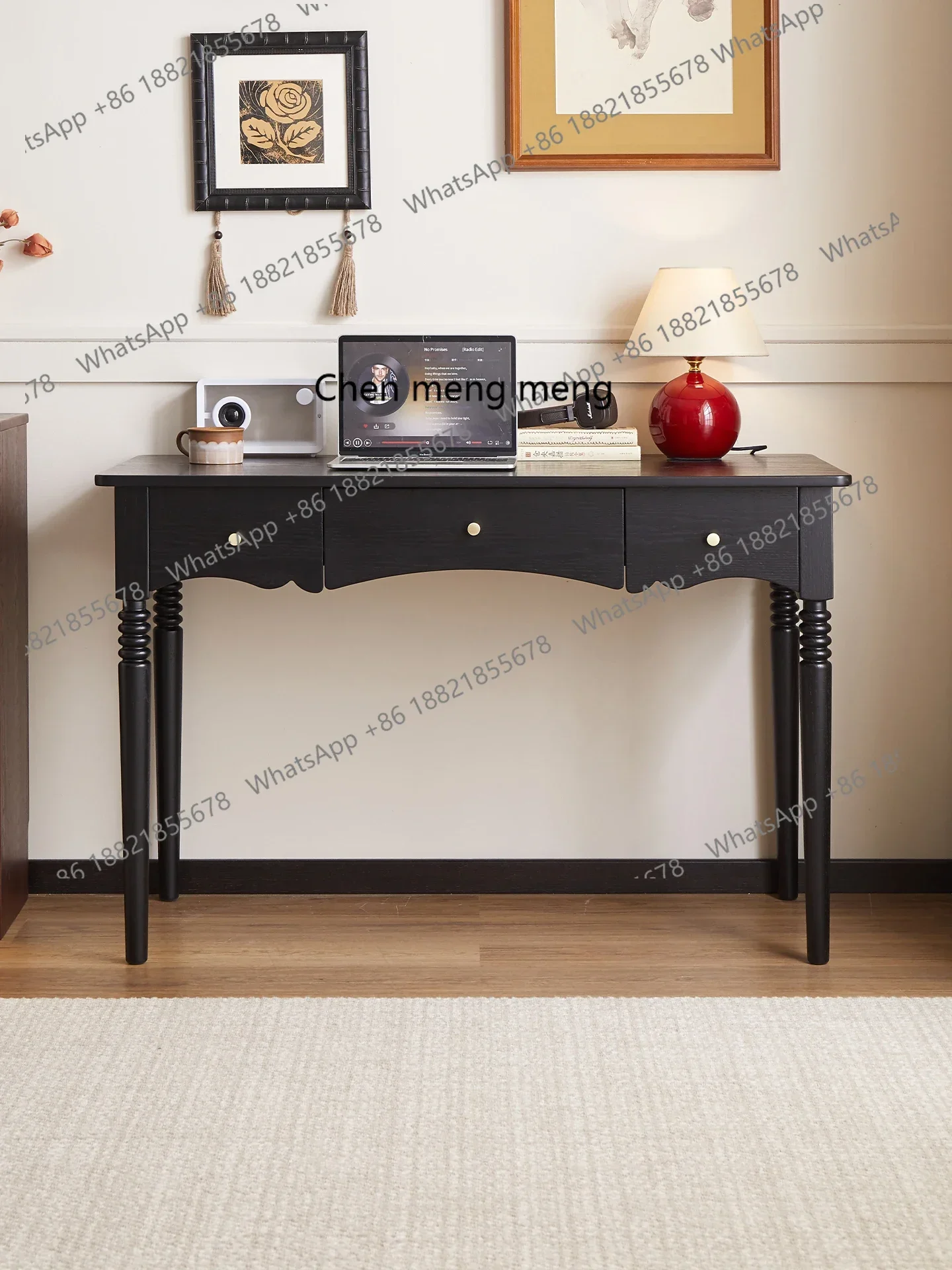 French Retro Solid Wood Desk Black Living Room Study Office Learning Desk