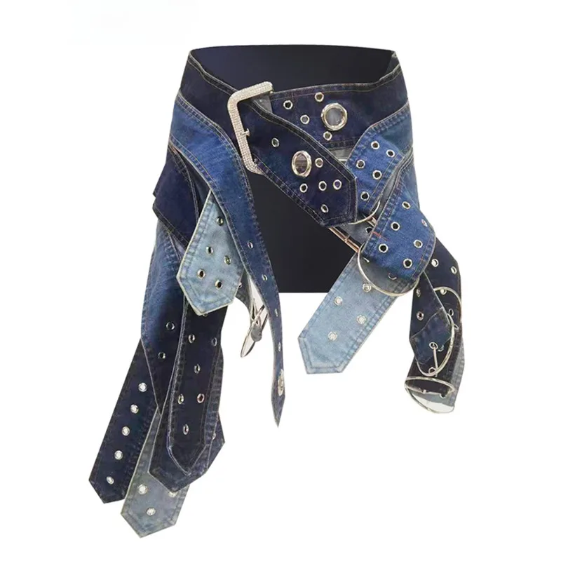 

2024 High quality fashion women's denim skirt Low waist washed irregular design metal hole belt stitching A-line skirt autumn