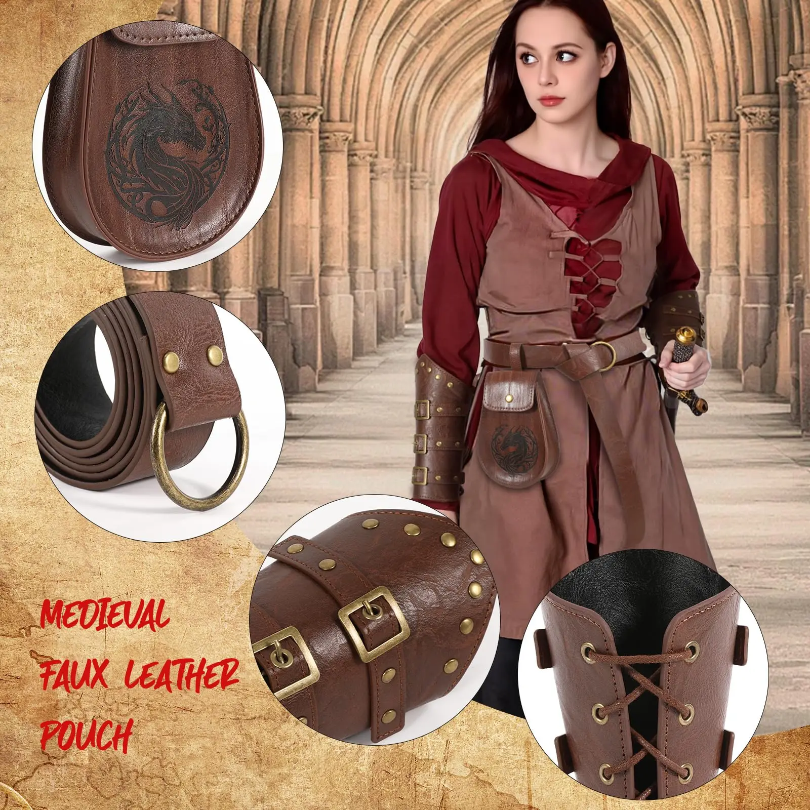 4 SZT. Renesansowe Akcesoria Średniowieczne Wikingowskie Pas Skórzane Nakładki na Ręce Torba Kostium Męski Damski na Halloween Reniferowice Cosplay Rekwizyty