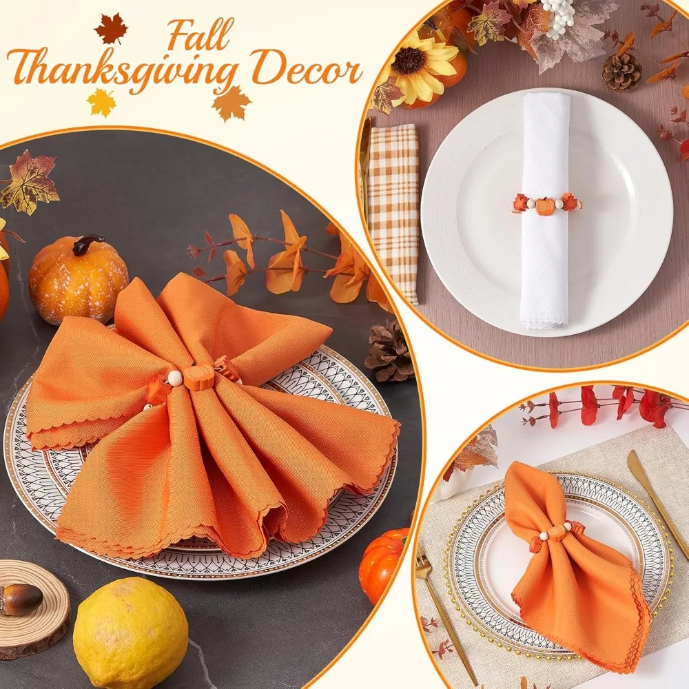 Fall Thanksgiving Napkin Rings Set of 12, Pumpkin Maple Leaf Wooden Bead Napkin Rings for Fall Thanksgiving Decorations,