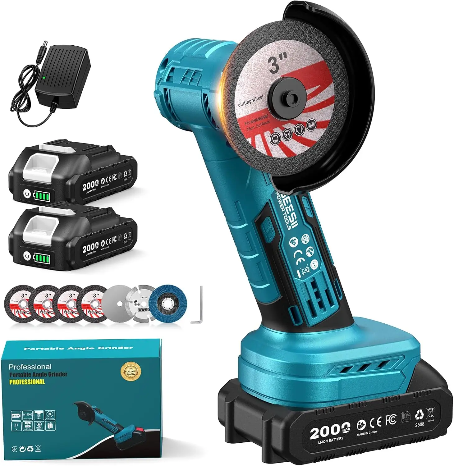 3-Inch Cordless Mini Angle Grinder 19000 RPM Brushless with 2x 2.0Ah Batteries & 7 Cutting Discs for Metal Wood Polishing