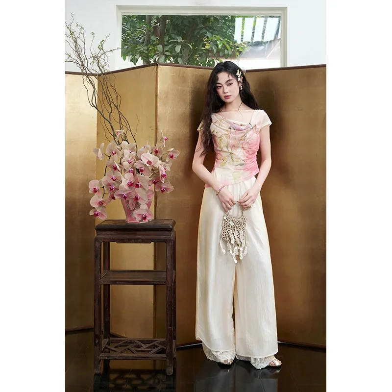ELFSACK Jacquard Wide Leg Lace Trim Pants, Elegant Gothic Loose Pants , High Waist Drawstring Trousers