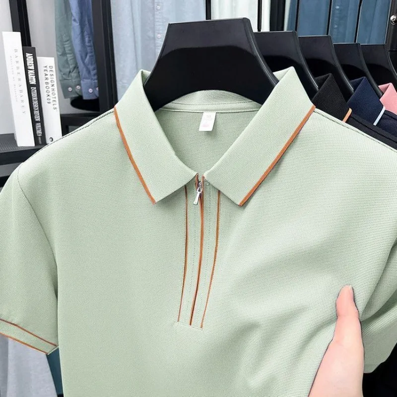 Men Light Green Contrast Trim Half Zip Polo Shirt Turn Down Collar Short Sleeve Casual Top