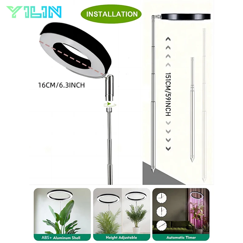 Luz LED de cultivo de plantas de 16cm/6,3 pulgadas, lámpara de cultivo de espectro completo, altura ajustable con temporizador de encendido/apagado automático 3-9-12 para plantas de interior