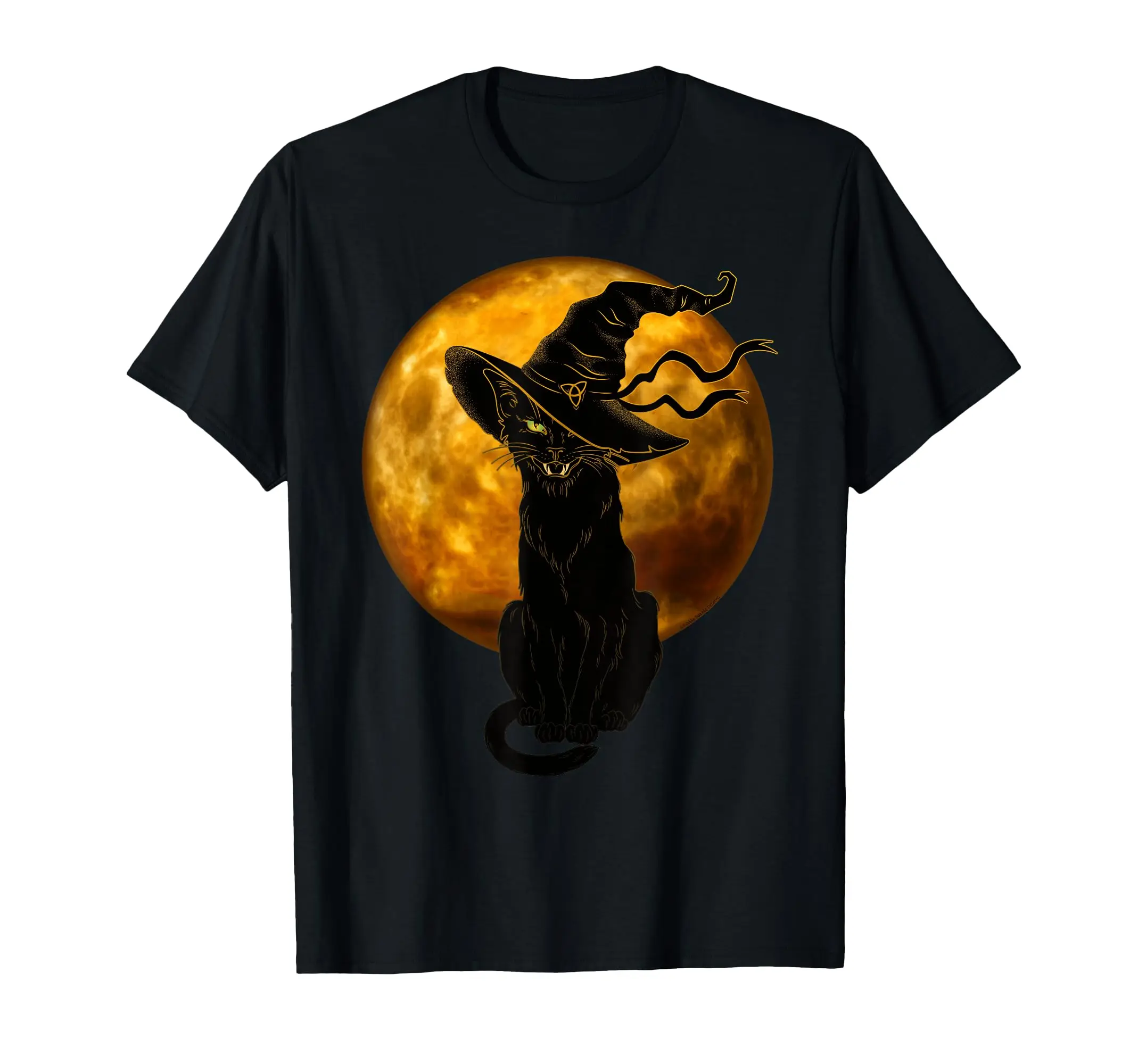 Scary Vintage Black Cat with Witch Hat Full Moon Retro Halloween Costume Men Women T-Shirt