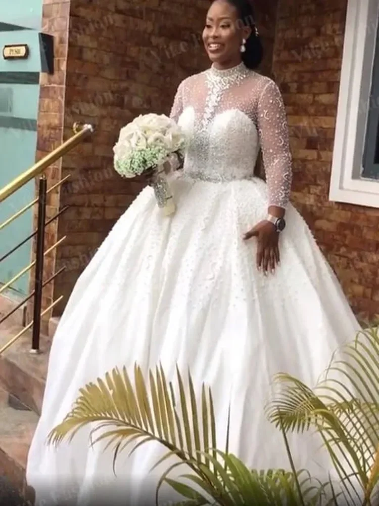 Customized  Long Sleeves Heavy Sequins Beads Ballgown Wedding Dresses High Neck Long Sleeves Puffy Woman Elegant Bridal Gowns