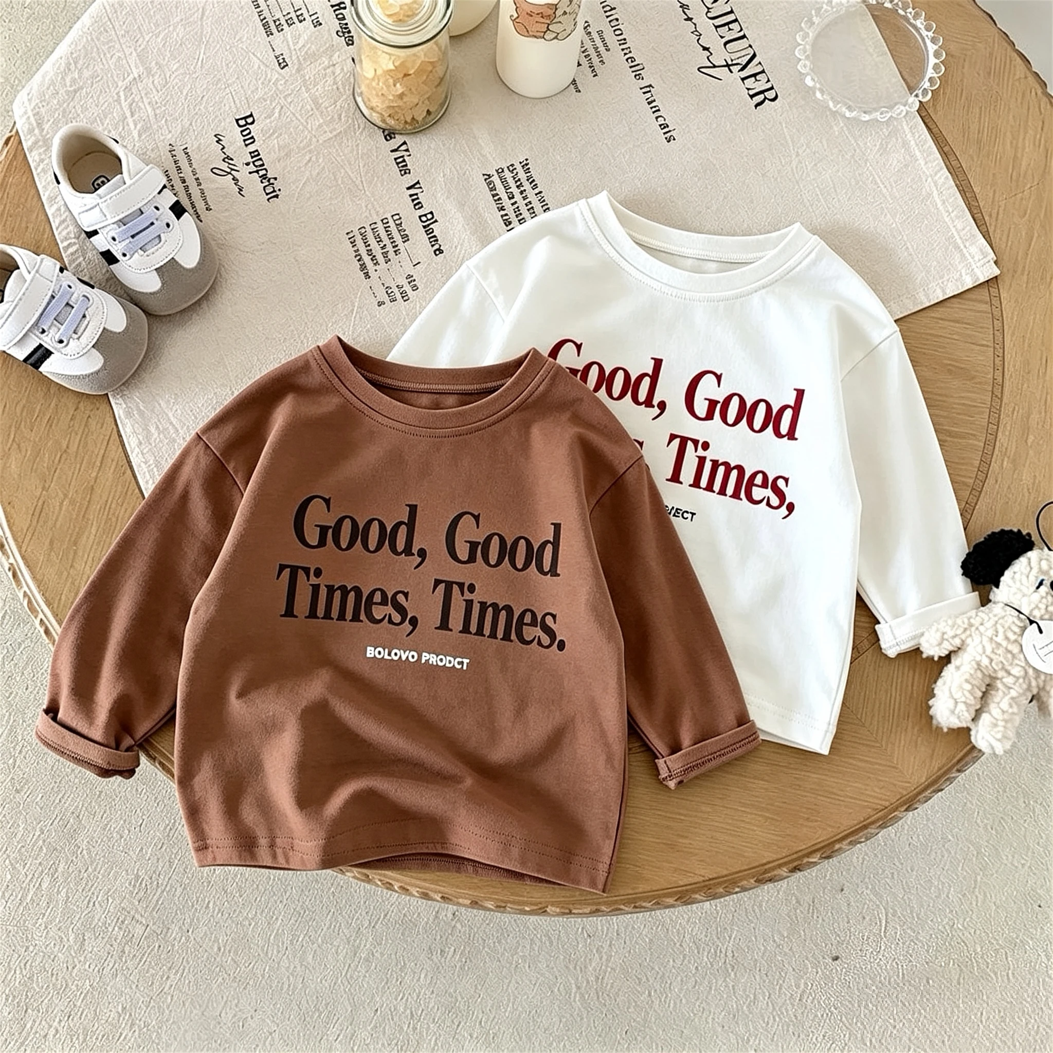 Printed Letters Baby Boys Long Sleeve Tees Tops Spring Fall Clothing Simple Versatile Crewneck Pullover Blouse Child Base Shirt