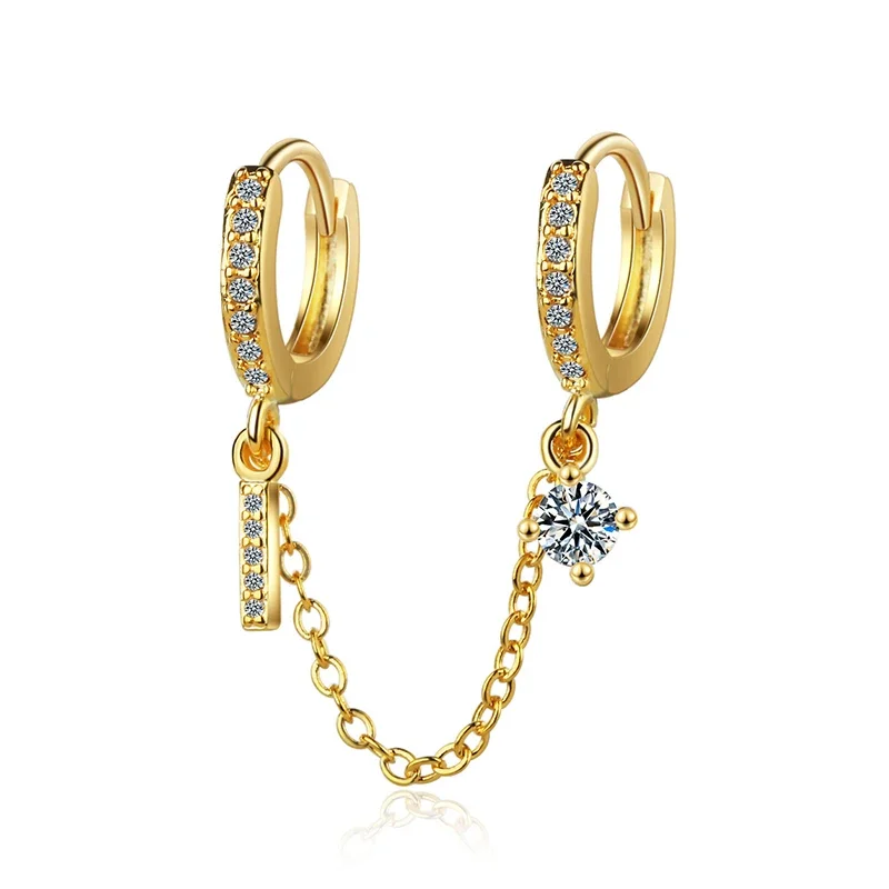 Women's Double Ear Hole Hoop Earrings Bohemia Two Hoops Connected With Chain Crystal Stud Charming Earring Piercing Jewelry