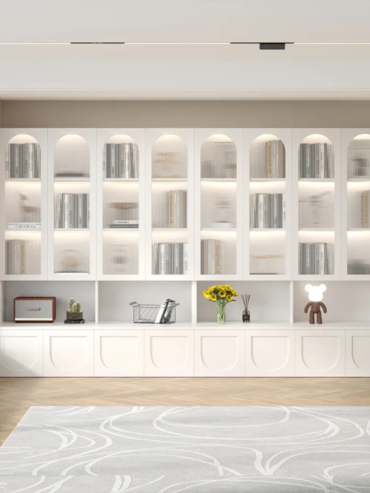 Living Room Bookcase with Glass Door Entire Wall to Top Light Luxury High-End Free Combination Grid Cabinet