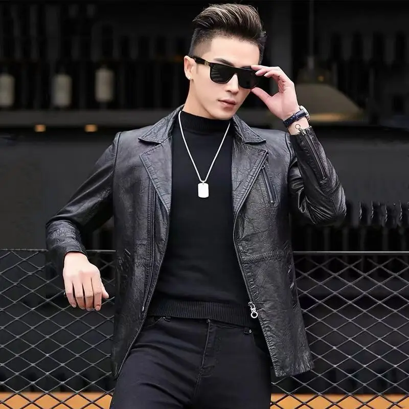 Man High Quality Autumn Slim Fit Turn Down Collar Motorcycle Male Leather Jacket Men Clothing Coats  Coat Clothes  G118