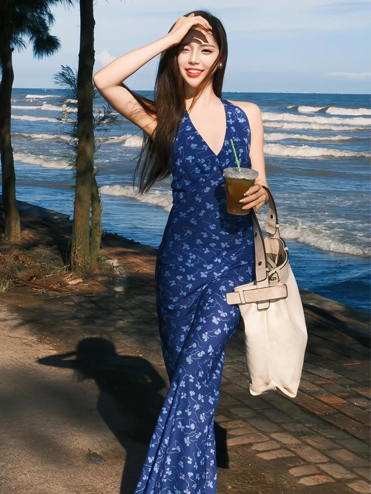 

Romantic Purple Floral Long V-Neck Dress Women Summer 2026 New Beautiful Holiday Beach Dress Sweet Japanese Style K...