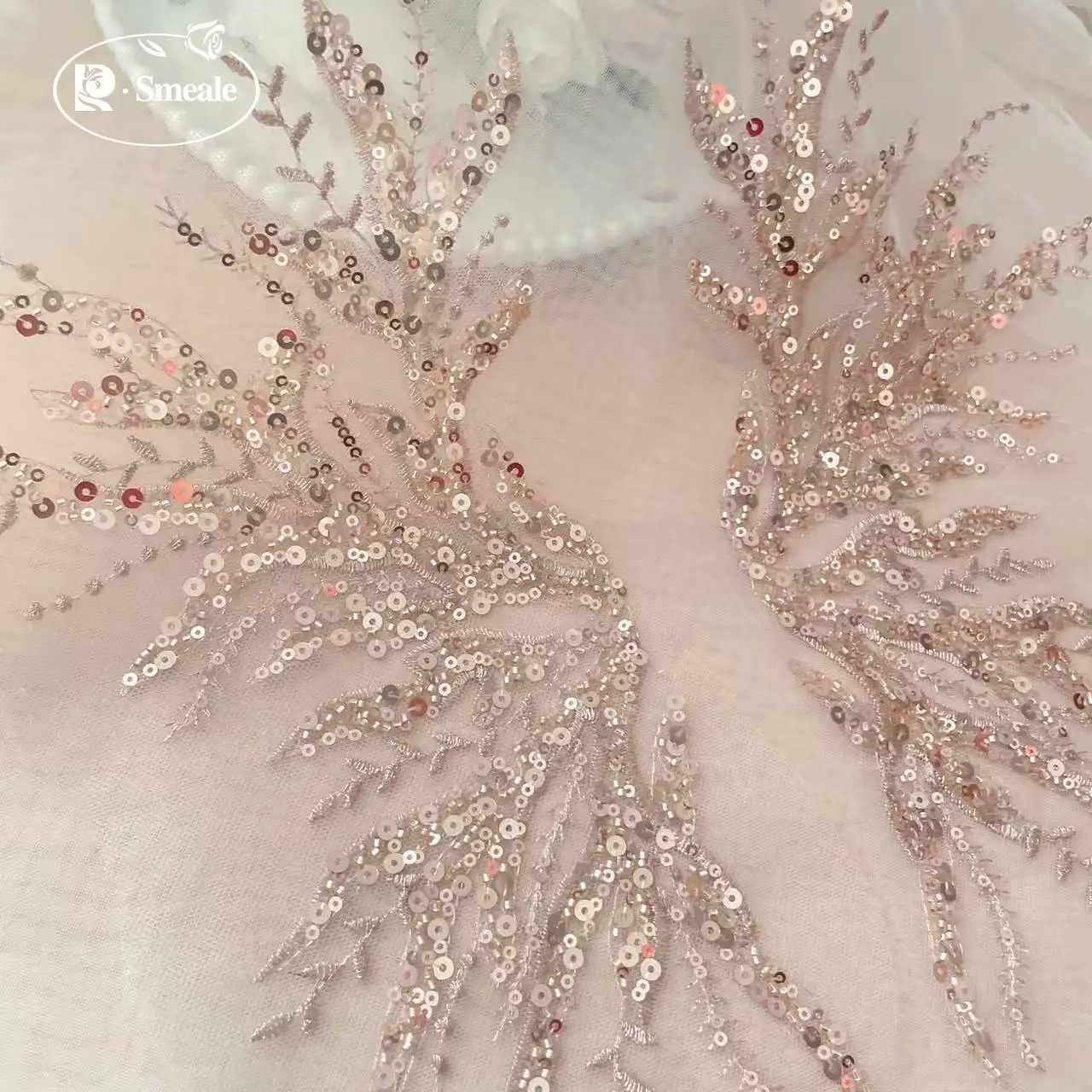 5 Paar-2 Paar. Roségold Pailletten-Röhrchenperlen-Stickerei-Spitzenapplikation, wunderschönes Korallenmuster DIY-Spitzenaufnäher, verspiegelte Blumen, RS252202 – Detail 5