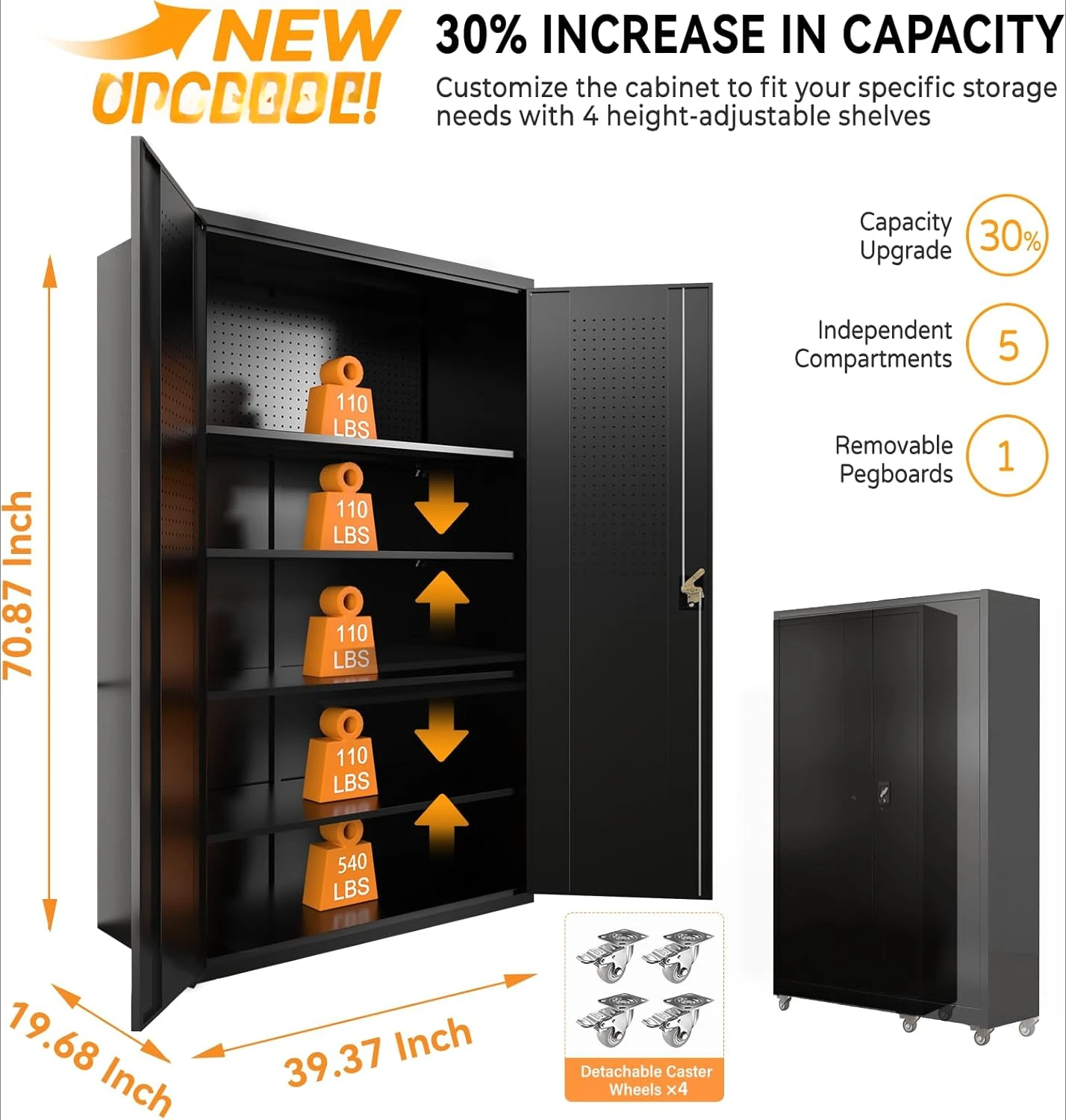 Upgraded high and wide metal storage cabinet with doors and 4 adjustable shelves, equipped with wheels and nail boards