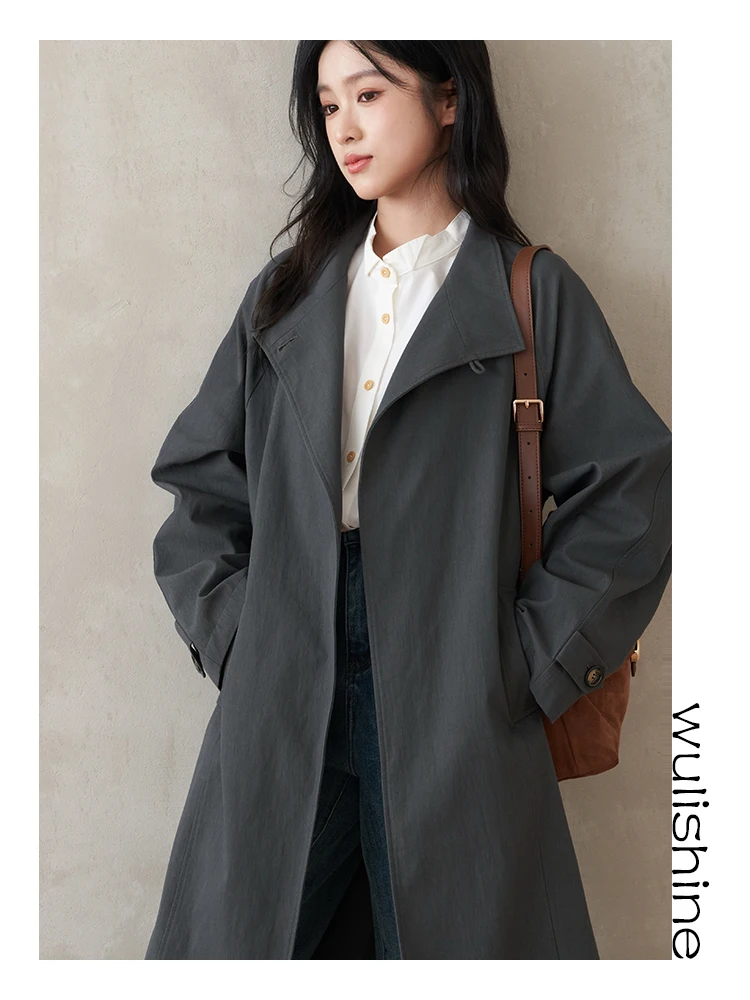 

Women's Long Sve Stand Collar Overlap oulder Coat Medium Length Cotton Nylon Fiber Blend Single Button Closure Windbreaker