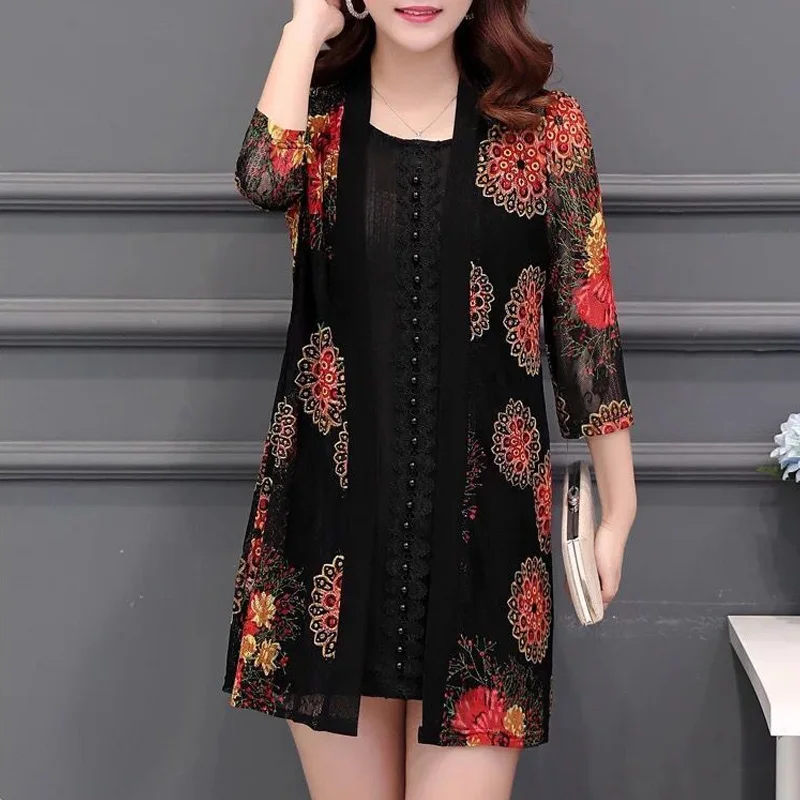 2023 New Fashion Trend Lace Print tre quarti camicia con aria condizionata di media lunghezza capispalla allentata Casual giacca Cardigan semplice