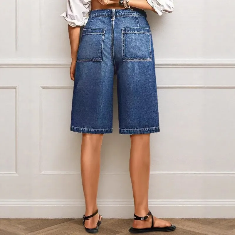 

Casual Women Blue Denim Shorts Women's Mid Thigh Raw Hem Jeans Shorts Button Front Denim Capris Vintage Wash Jean Shorts