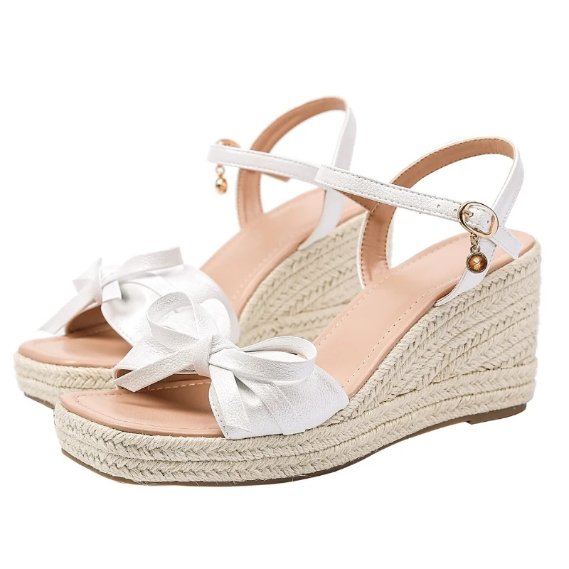 

Женские белые эспадрильи на танкетке с бантом и ремешком на щиколотке, летние повседневные туфли на высоком каблуке для вечеринок, модель Q-442 (2026)