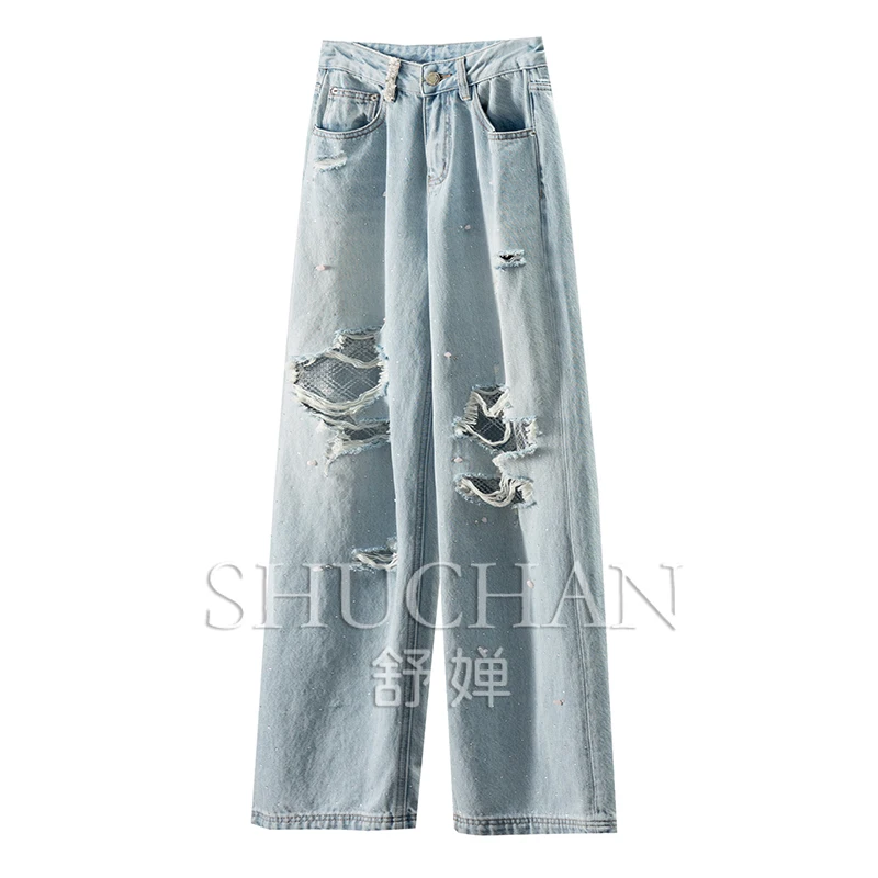 

Ripped Jeans Broken and Hot-drilled Pure Cotton High-waisted Straight Wide-leg Jeans for Women 02E1