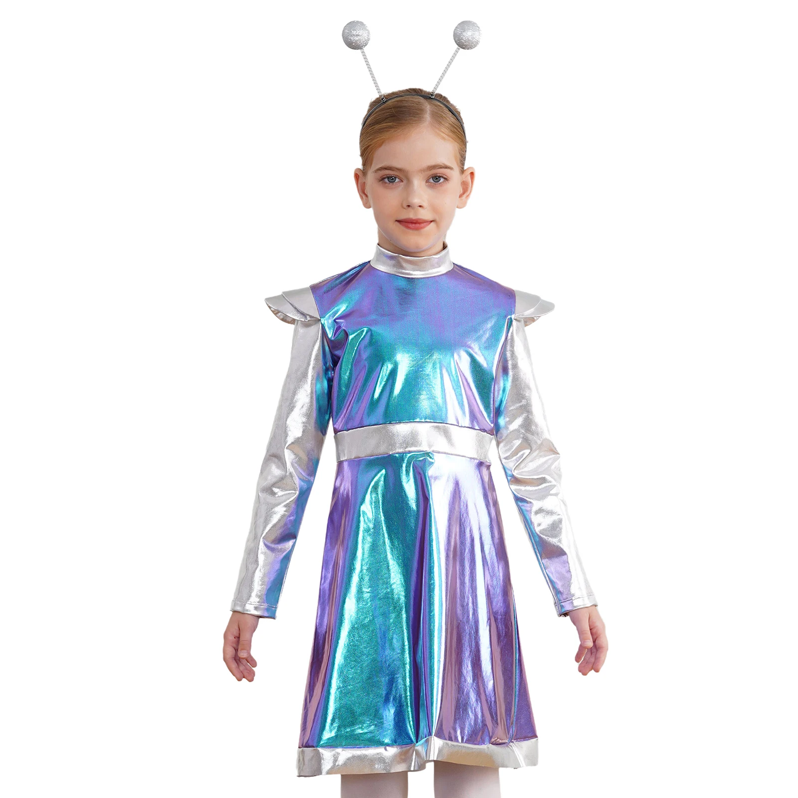 Kids Girls Alien Robot Astronaut Costume Long Sleeve Shiny Metallic Halloween Cosplay Fancy Dress with Hair Hoop Outfits