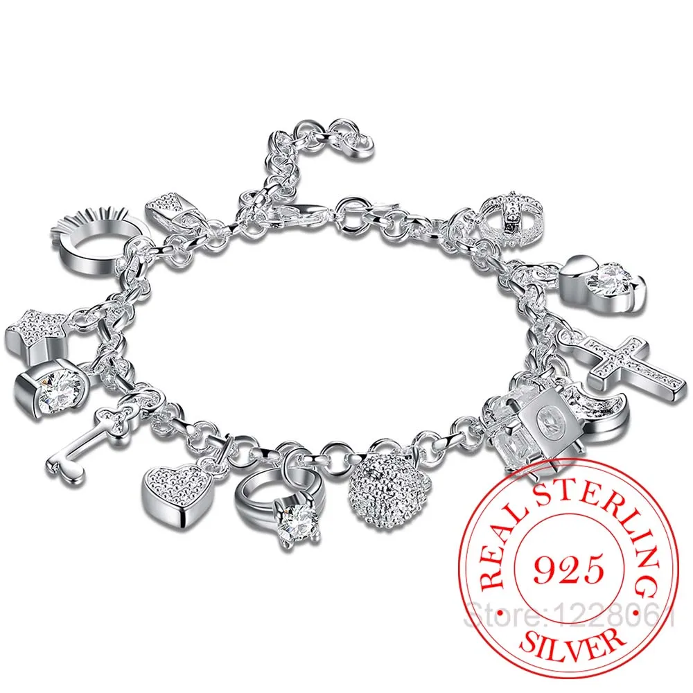 

925 sterling silver 13 charms Cross Lock Key Heart Star Moon Flower Zircon bracelet bangle women's fine jewelry Accessories