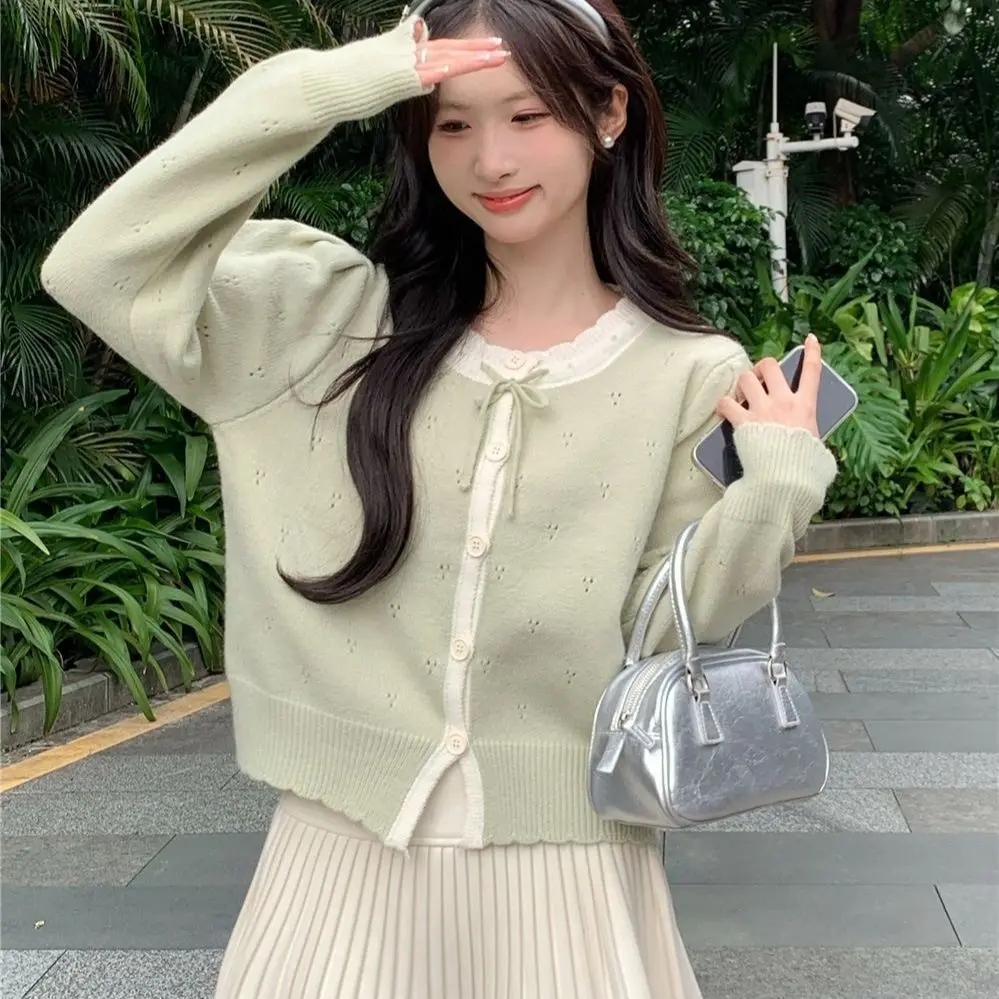 

Japan Women Knitted Cardigan Green Gentle And Sweet New Design Hollow Wool Light Luxury Coat Little Man'S Top For Commuting