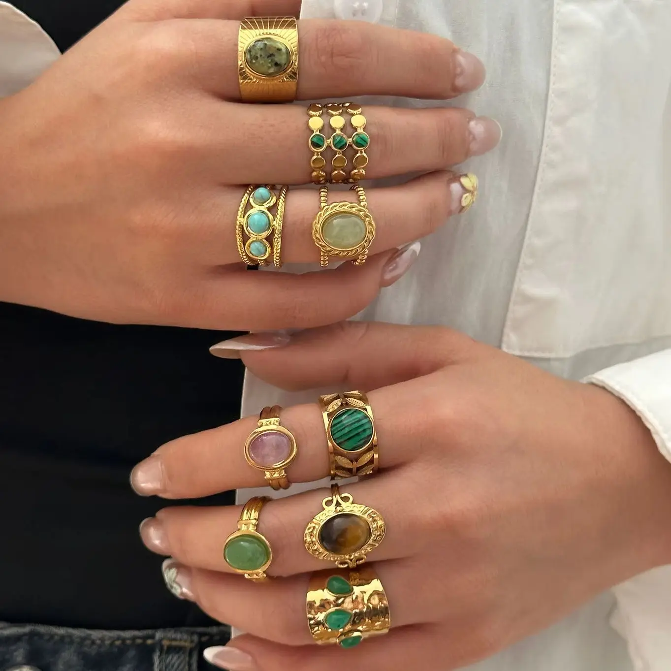 Vintage Naturstein Edelstahl-Ringe für Damen und Herren Trendige Vergoldete Hohle Geometrische Ringe Finger-Accessoires Schmuck