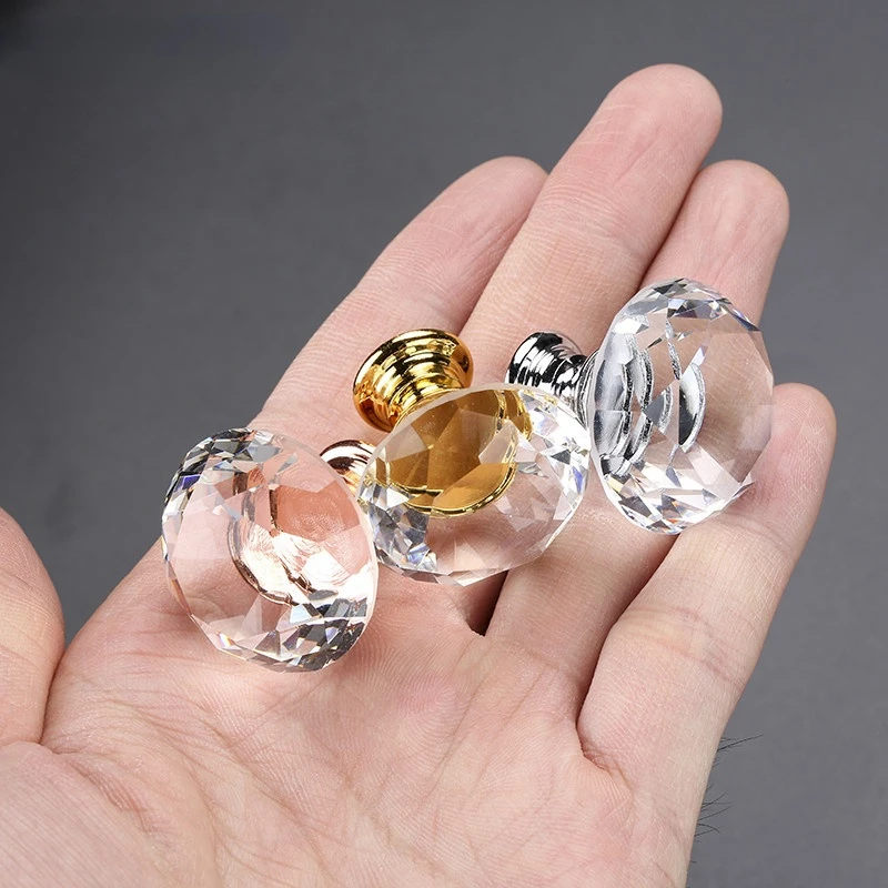 Furniture Handles Drawer Knobs Cabinet Handles Diamond-shaped Crystal Glass Knobs Gold Base