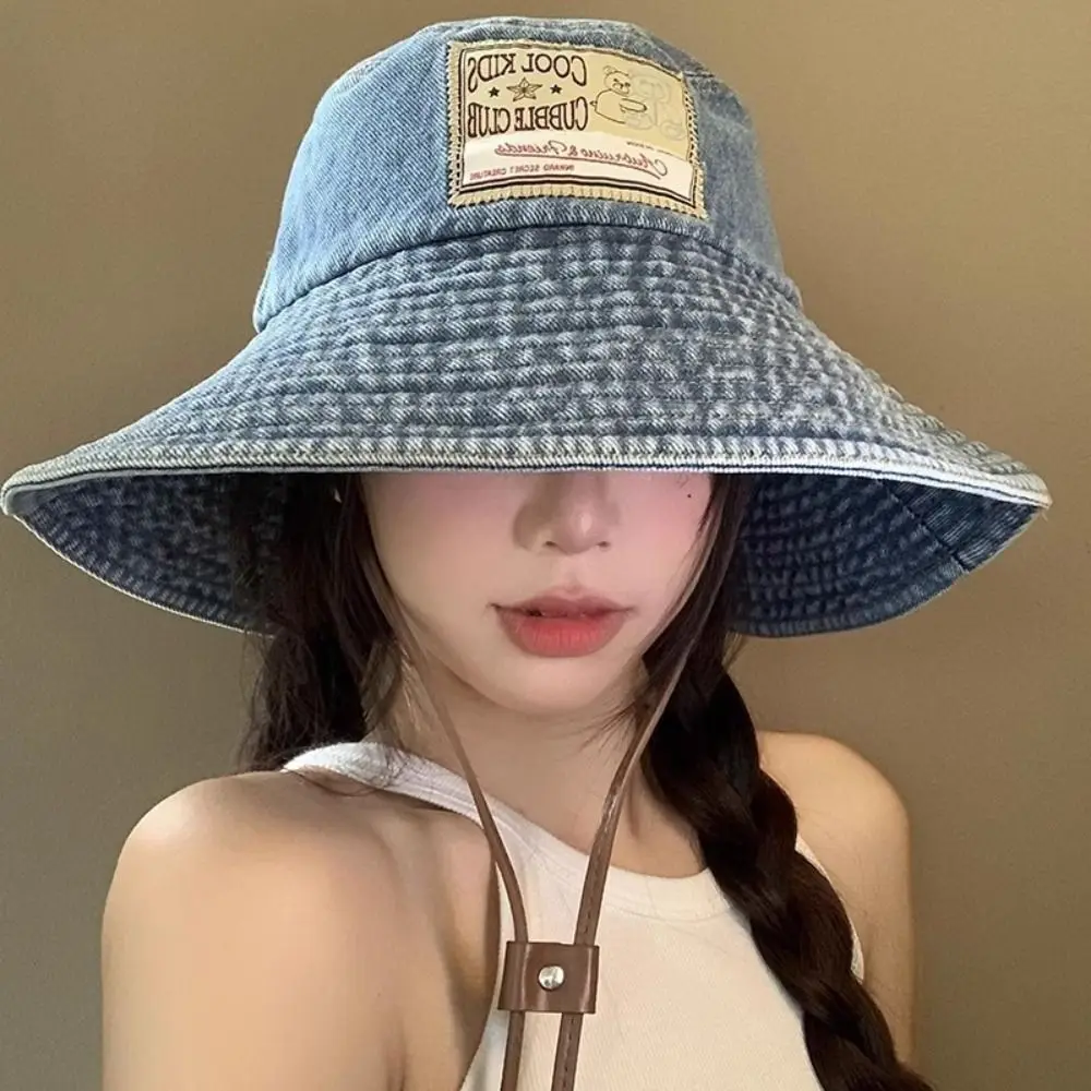 

Retro Big Brimmed Denim Bucket Hat Sunscreen Wide Wings Jeans Fisherman Hat UV Protection Korean Style Sunscreen Hat Outdoor