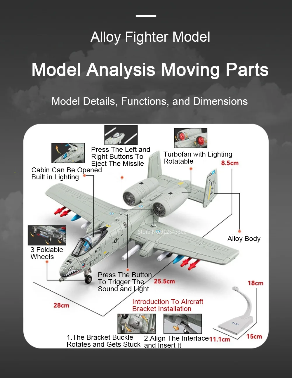 1:32 A-10 Thunderbolt II F-14 Fighter Model Toy Foldable Wheels Metal Body Airplane Sound Light Models Gifts for Children