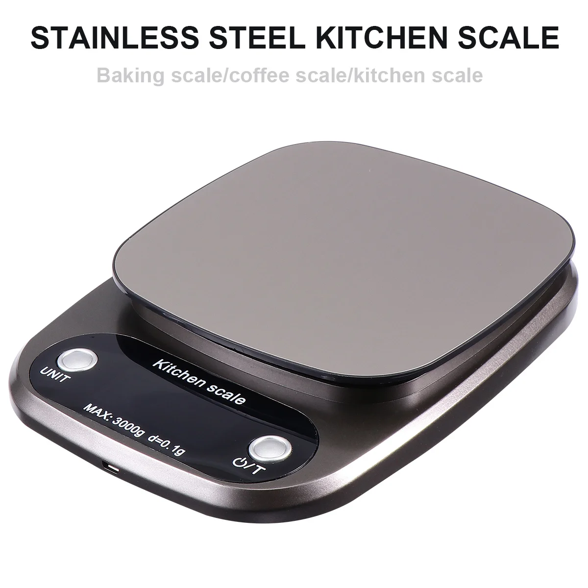 

1 шт. 3 кг/0,1 г перезаряжаемые кухонные весы из нержавеющей стали, высокоточный ЖК-дисплей, портативный, легкий для