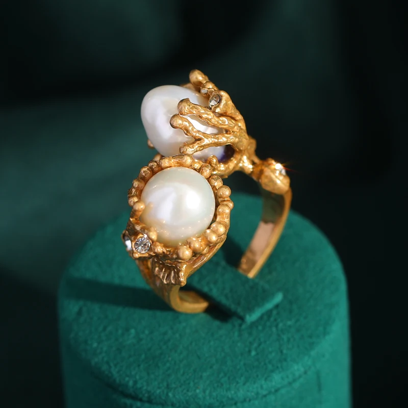 

Vintage Gold Color Antique Baroque Pearl Open Engagement Rings for Women Magnolia Wedding Jewelry Retro Bride Accessories 2024