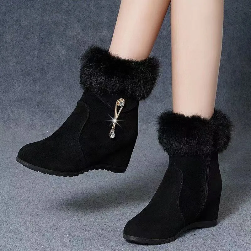 2022 New Winter Fashion Women Wedges Ankle Boots Increasing Height Shoes High Heels Booties Metal Rhinestone Botas Mujer