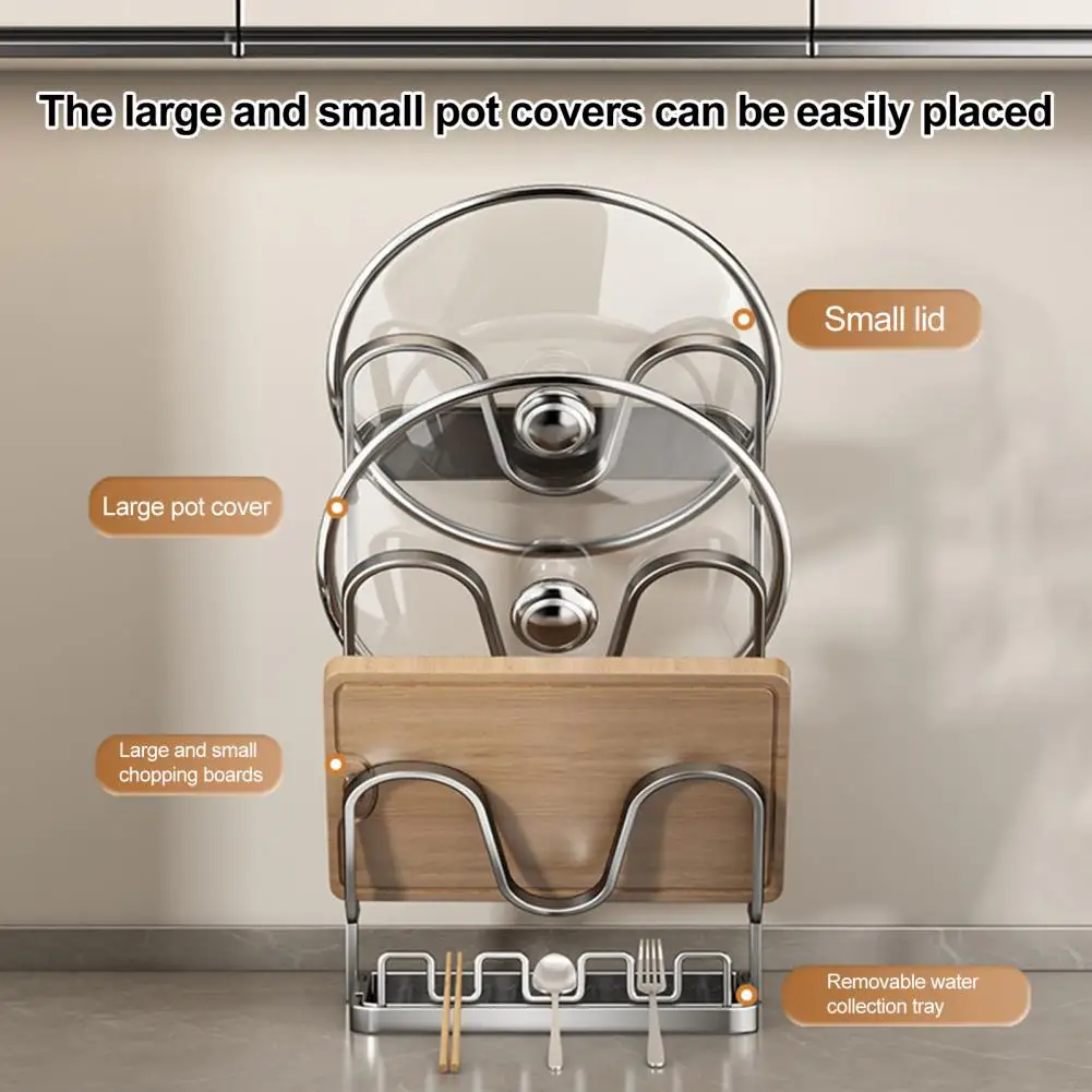 Kitchen Lid Storage Rack Pot Lid Storage Rack with Spoon Carbon Steel Pan Lid Organizer Removable Drip Tray for Cabinets